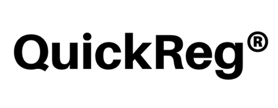 The white version of the QuickReg logo, which is white on a black background
