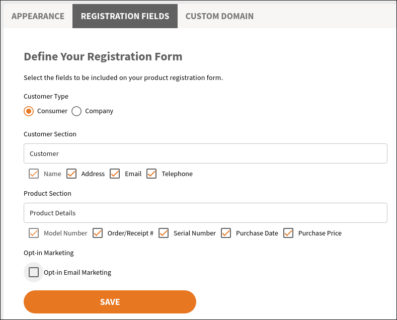 Screen capture showing the form fields using the Consumer option
