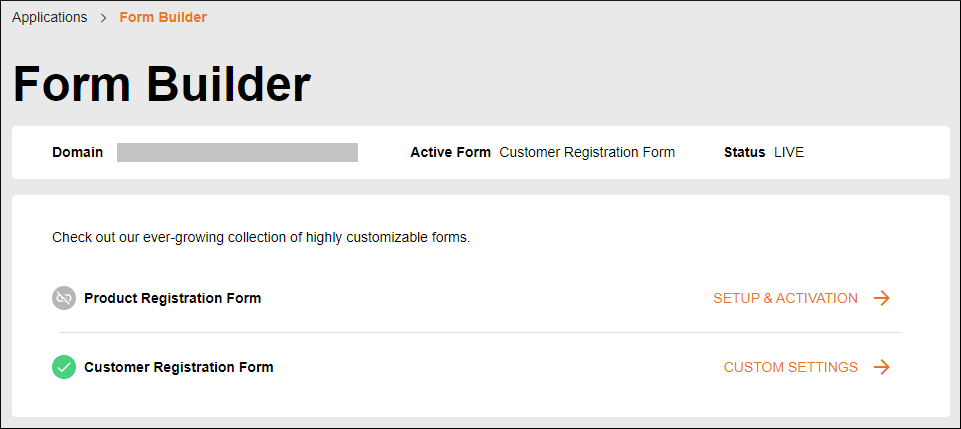 Form selection. Edit a customer registration form.