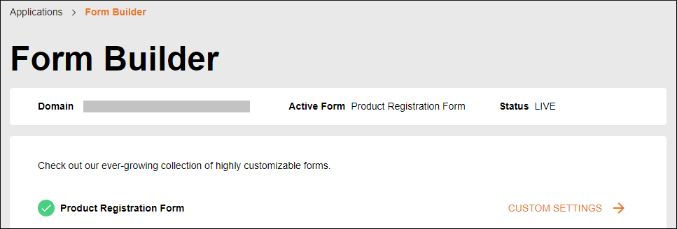 Form selection. Create a new customer registration form.