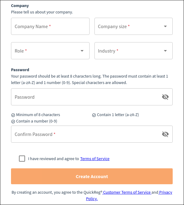 Screen shot of the sign-up page