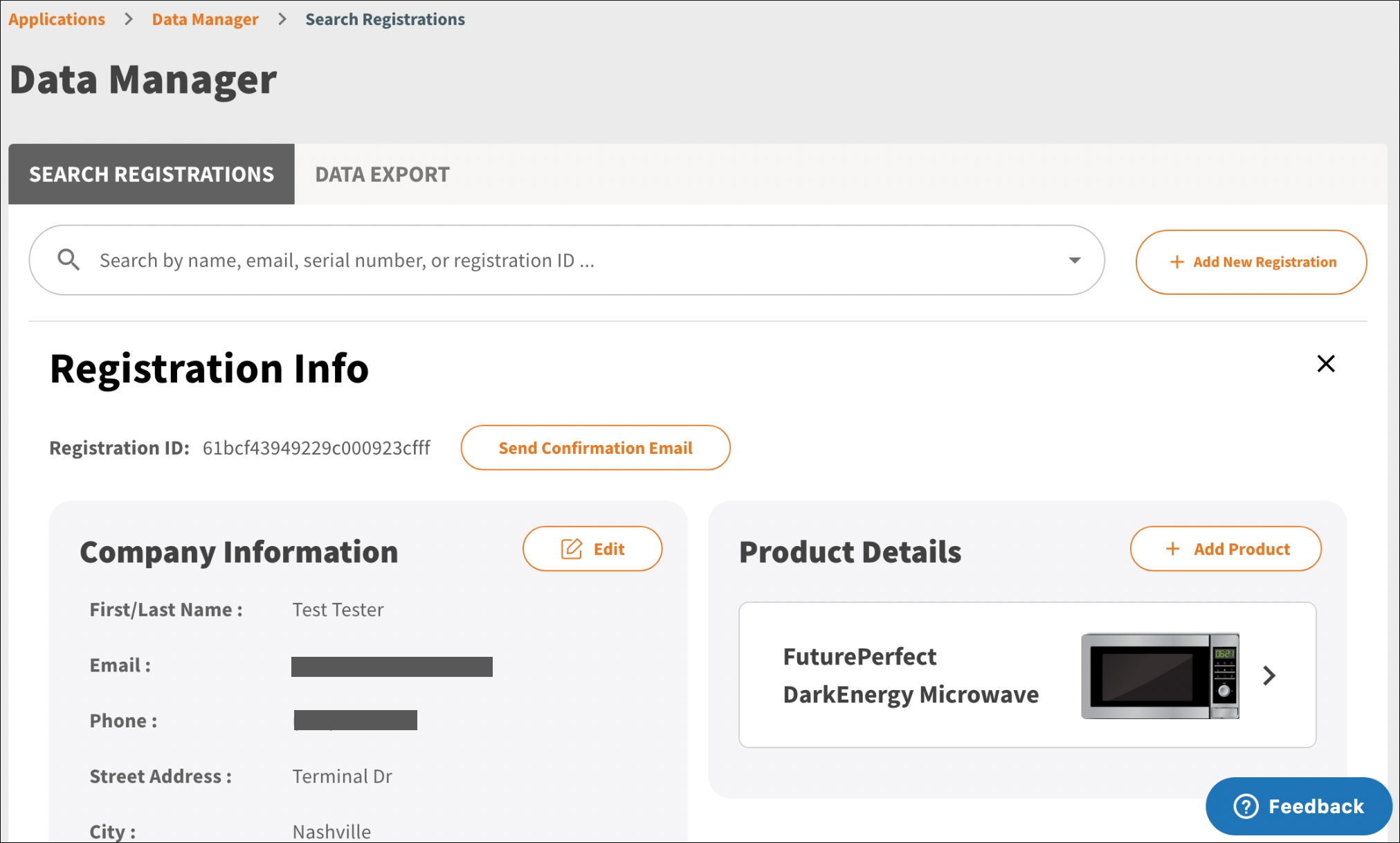 Product Registration form in view mode