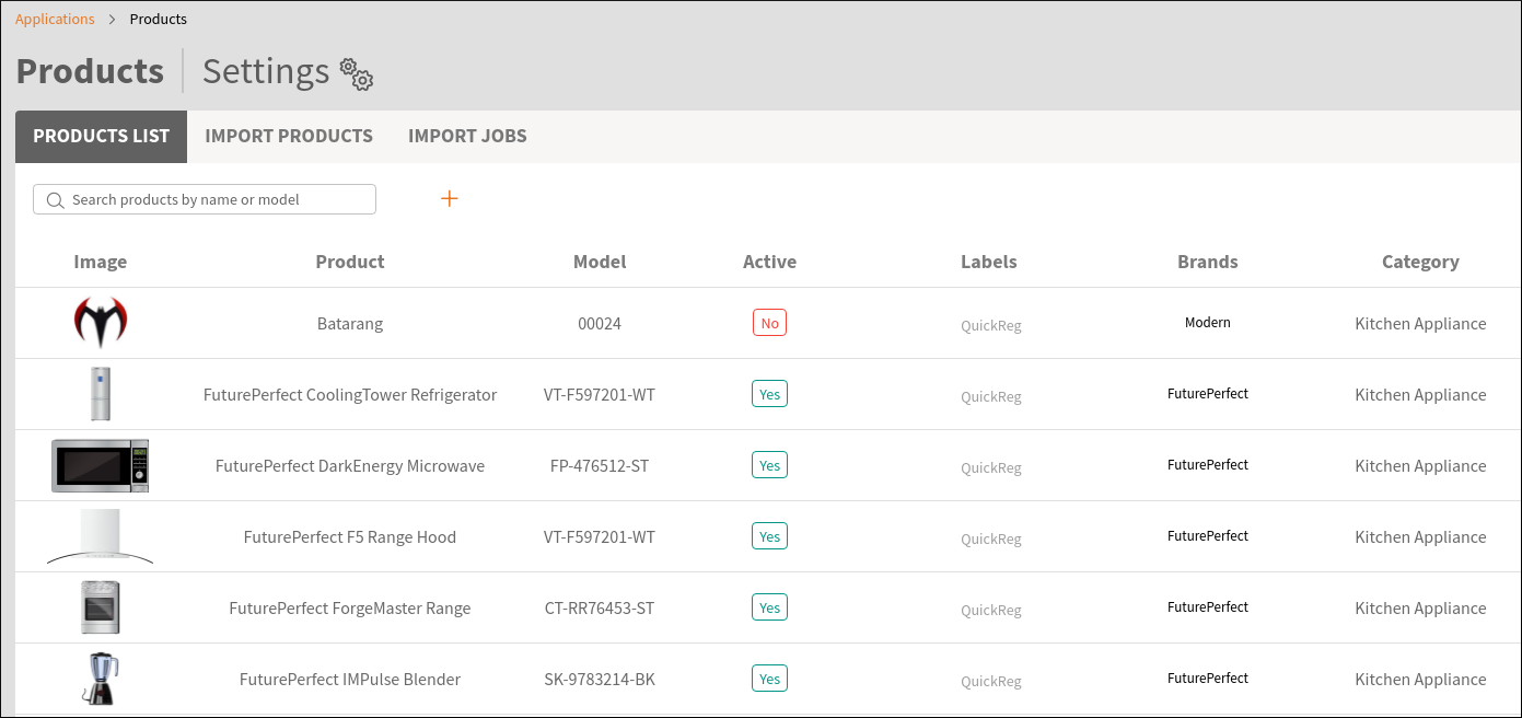 Screenshot of main listing screen of Product Manager.